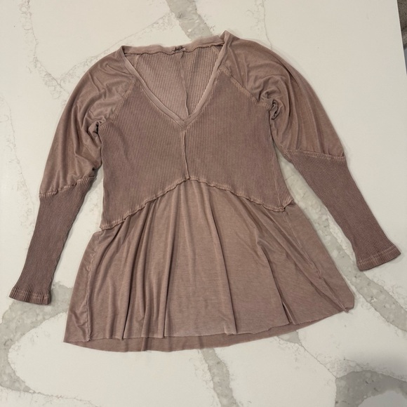 POL Ready For Anything Long Sleeve Babydoll Tunic Top Women’s Small Taupe Ribbed - Picture 4 of 12